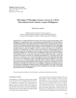 Microalgae of Pineapple [Ananas Comosus (L.) Merr] Phytotelmata from Calauan, Laguna (Philippines)