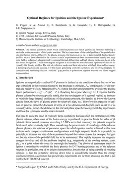 Optimal Regimes for Ignition and the Ignitor Experiment*