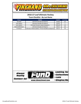 2016-17 Leaf Ultimate Draft Hockey Checklist;