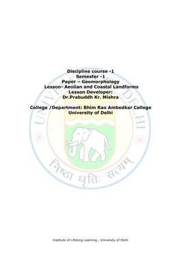 Aeolian and Coastal Landforms Lesson Developer: Dr.Prabuddh Kr