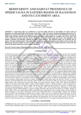 Biodiversity and Habitat Preference of Spider Fauna in Eastern Region of Rajasthan and Its Catchment Area