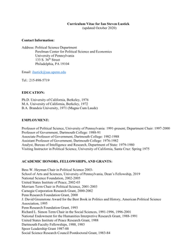 Curriculum Vitae for Ian Steven Lustick (Updated October 2020)