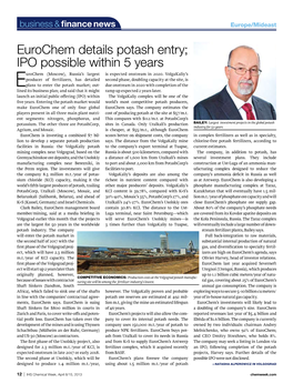 Eurochem Details Potash Entry; IPO Possible Within 5 Years Urochem (Moscow), Russia’S Largest Is Expected Onstream in 2020