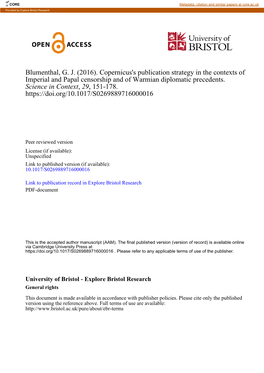 Copernicus's Publication Strategy in the Contexts of Imperial and Papal Censorship and of Warmian Diplomatic Precedents