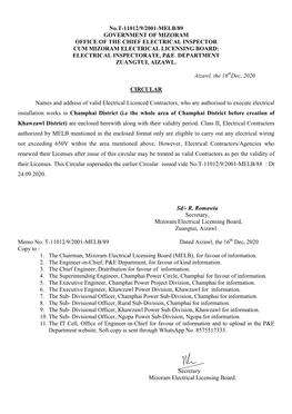 Government of Mizoram Office of the Chief Electrical Inspector Cum Mizoram Electrical Licensing Board: Electrical Inspectorate, P&E Department Zuangtui, Aizawl