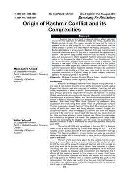 Origin of Kashmir Conflict and Its Complexities Malik Zahra Khalid