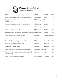 Padres Press Clips Thursday, June 22, 2017