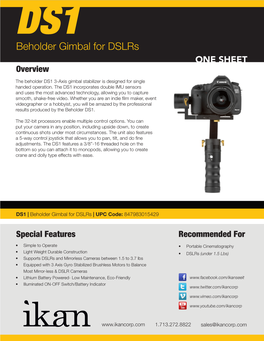 Beholder Gimbal for Dslrs ONE SHEET Overview