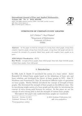 STRENGTH of CERTAIN FUZZY GRAPHS K.P. Chithra1 §, Raji