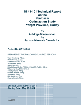 NI 43-101 Technical Report on the Yenipazar Optimization Study Yozgat Province, Turkey