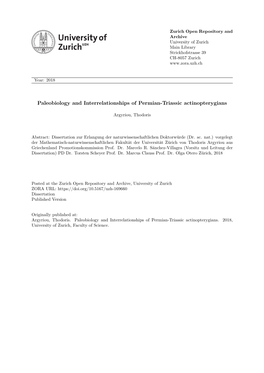 PALEOBIOLOGY and INTERRELATIONSHIPS of PERMIAN–TRIASSIC ACTINOPTERYGIANS Dissertation Zur Erlangung Der Naturwissenschaftliche