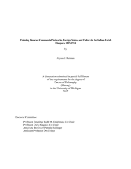 Claiming Livorno: Commercial Networks, Foreign Status, and Culture in the Italian Jewish Diaspora, 1815-1914