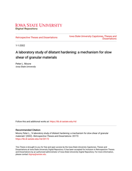 A Laboratory Study of Dilatant Hardening: a Mechanism for Slow Shear of Granular Materials