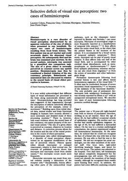 Selective Deficit of Visual Size Perception: Two J Neurol Neurosurg Psychiatry: First Published As 10.1136/Jnnp.57.1.73 on 1 January 1994