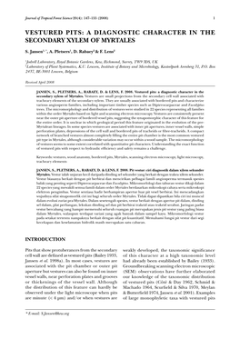 Vestured Pits: a Diagnostic Character in the Secondary Xylem of Myrtales