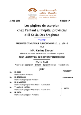 Les Piqûres De Scorpion Chez L'enfant À L'hôpital Provincial D'el Kelâa Des