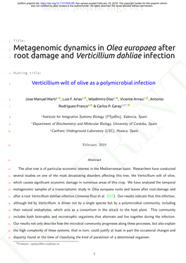 Metagenomic Dynamics in Olea Europaea After Root Damage and Verticillium Dahliae Infection