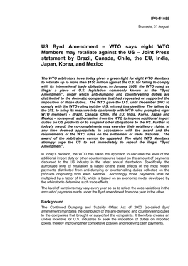 US Byrd Amendment – WTO Says Eight WTO Members May Retaliate Against the US – Joint Press Statement by Brazil, Canada, Chile, the EU, India, Japan, Korea, and Mexico