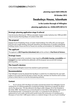 Swakeleys House, Ickenham in the London Borough of Hillingdon Planning Application No