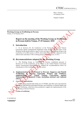 Report on the Meeting of the Working Group on Trafficking in Persons Held in Vienna, 27-29 January 2010 I. Introduction II