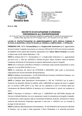 DECRETO DI OCCUPAZIONE D’URGENZA PREORDINATA ALL’ESPROPRIAZIONE Art