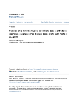 Cambios En La Industria Musical Colombiana Dada La Entrada En Vigencia De Las Plataformas Digitales Desde El Año 2005 Hasta El Año 2020