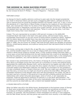 THE GEORGE W. BUSH SUCCESS STORY a Heartwarming Tale About Baseball, $1.7 Billion, and a Lot of Swell Friends by Joe Conason & Kevin P
