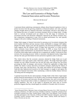 The Law and Economics of Hedge Funds: Financial Innovation and Investor Protection