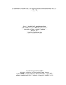 A Preliminary Overview of the Early History of High School Journalism in the U.S.: ~1775-1925