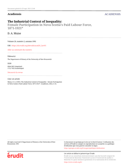 Female Participation in Nova Scotia's Paid Labour Force, 1871-1921* D
