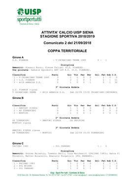 Comunicato N. 02 Del 21/09/2018