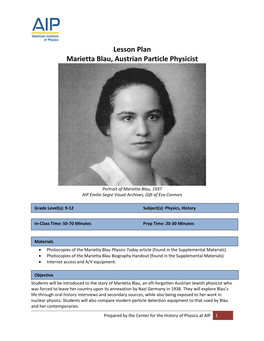 Lesson Plan Marietta Blau, Austrian Particle Physicist