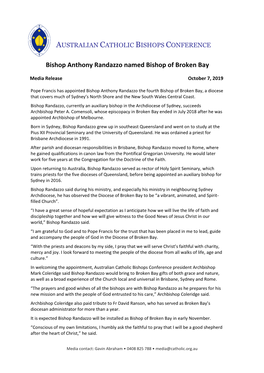 Bishop Anthony Randazzo Named Bishop of Broken Bay