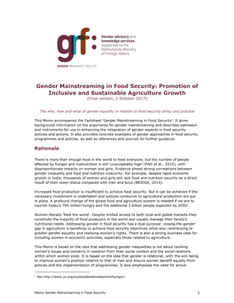 Gender Mainstreaming in Food Security: Promotion of Inclusive and Sustainable Agriculture Growth (Final Version, 2 October 2017)