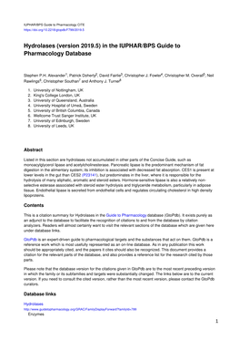 Hydrolases (Version 2019.5) in the IUPHAR/BPS Guide to Pharmacology Database