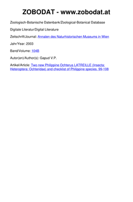 Two New Philippine Ochterus LATREILLE (Insecta: Heteroptera: Ochteridae) and Checklist of Philippine Species