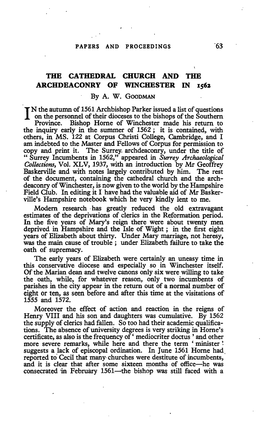 THE CATHEDRAL CHURCH and the ARCHDEACONRY of WINCHESTER in 1562 by A