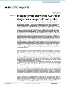 Metabolomics Shows the Australian Dingo Has a Unique Plasma Profle Sonu Yadav 1*, Russell Pickford 2, Robert A