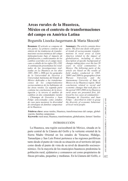 Areas Rurales De La Huasteca, México En El Contexto De Transformaciones Del Campo En América Latina Bogumiła Lisocka-Jaegermann & Maria Skoczek1