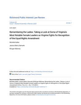 Remembering the Ladies: Taking a Look at Some of Virginia's Most Notable Female Leaders As Virginia Fights for Recognition of the Equal Rights Amendment