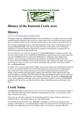 History of the Kororoit Creek Area History Creek Name