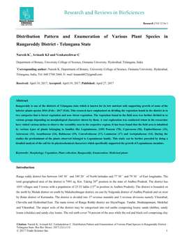 Distribution Pattern and Enumeration of Various Plant Species in Rangareddy District - Telangana State