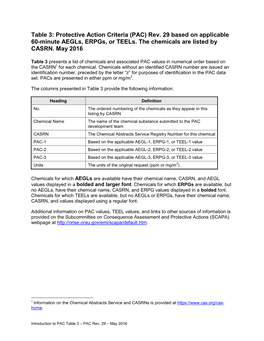 Table 3: Protective Action Criteria (PAC) Rev. 29 Based on Applicable 60-Minute Aegls, Erpgs, Or Teels