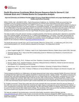 Pacific Biosciences Contributes Whole Genome Sequence Data for German E. Coli Outbreak Strain and 11 Related Strains for Comparative Analysis