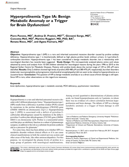 Hyperprolinemia Type IA: Benign ª the Author(S) 2017 DOI: 10.1177/2326409817707772 Metabolic Anomaly Or a Trigger Journals.Sagepub.Com/Home/Iem for Brain Dysfunction?