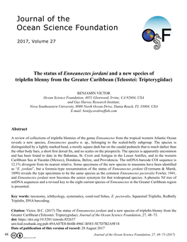 The Status of Enneanectes Jordani and a New Species of Triplefin Blenny from the Greater Caribbean (Teleostei: Tripterygiidae)