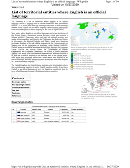 List of Territorial Entities Where English Is an Official Language - Wikipedia Page 1 of 10 Visited on 10/27/2020