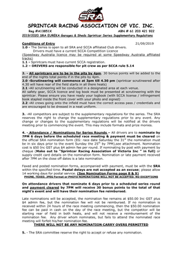 SPRINTCAR RACING ASSOCIATION of VIC. INC. Reg #A13851X ABN # 61 203 421 922 2019/2020 SRA EUREKA Garages & Sheds Sprintcar Series Supplementary Regulations