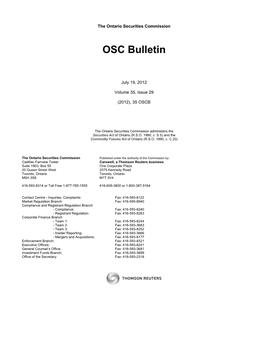 OSC Bulletin Volume 35, Issue 29 (July 19, 2012)