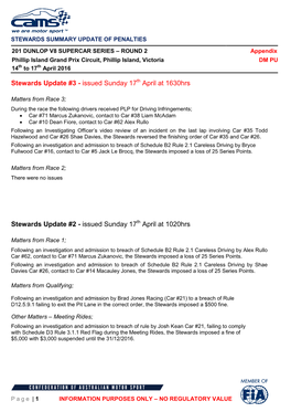 Issued Sunday 17 April at 1630Hrs Stewards Update #2